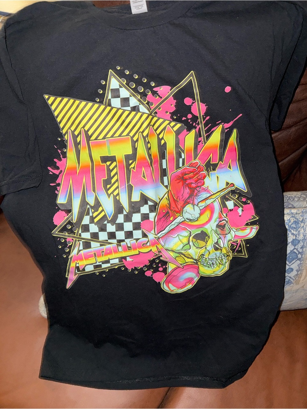 Gildan Black Tee with Neon Metallica Skull Graphic